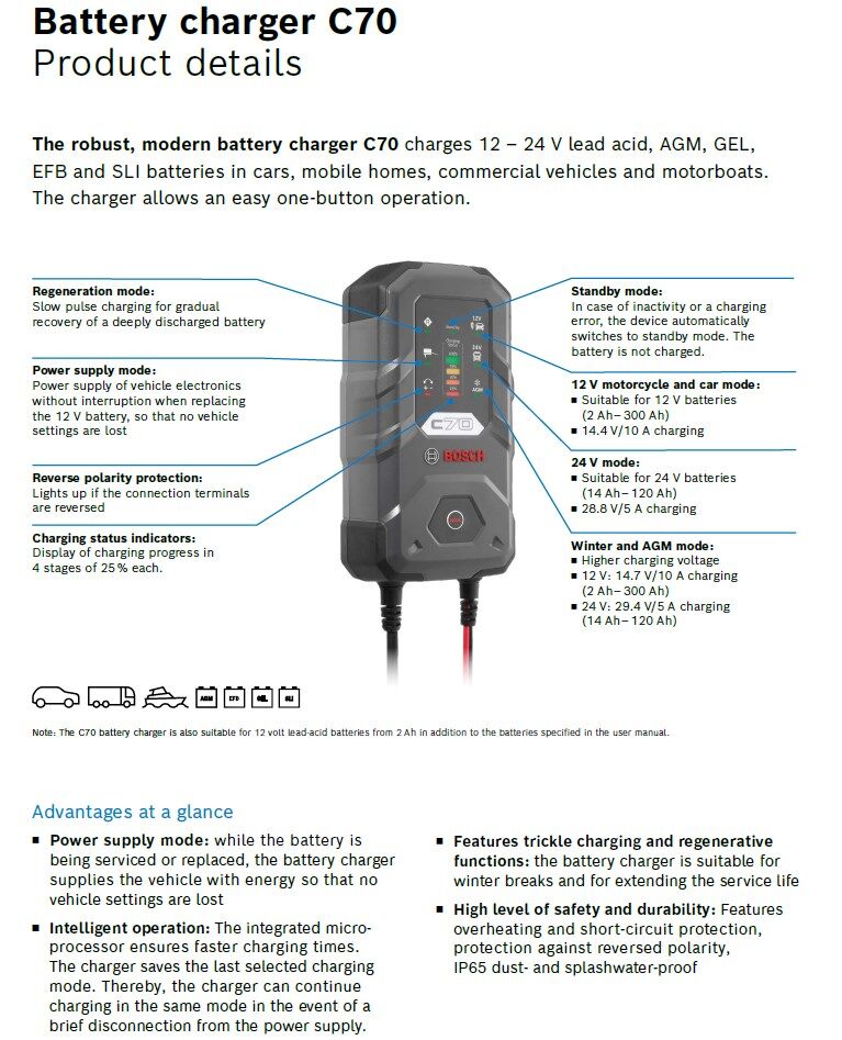 电池充电器 C7、12 和 24V