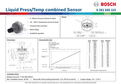 Liquid Pressure/Temp combined Sensor, 280 bar & 140 deg C